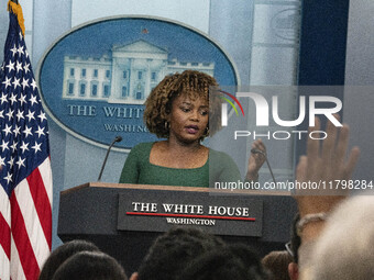 On November 21, 2024, in Washington, D.C., United States, White House Press Secretary Karine Jean-Pierre speaks to the White House pool abou...