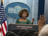 On November 21, 2024, in Washington, D.C., United States, White House Press Secretary Karine Jean-Pierre speaks to the White House pool abou...