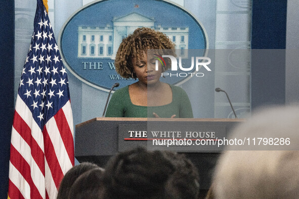 On November 21, 2024, in Washington, D.C., United States, White House Press Secretary Karine Jean-Pierre speaks to the White House pool abou...