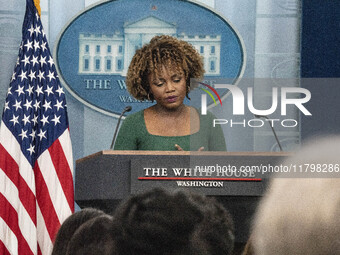 On November 21, 2024, in Washington, D.C., United States, White House Press Secretary Karine Jean-Pierre speaks to the White House pool abou...