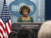 On November 21, 2024, in Washington, D.C., United States, White House Press Secretary Karine Jean-Pierre speaks to the White House pool abou...