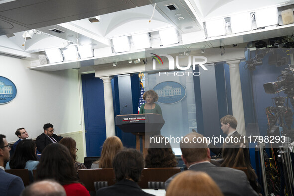 On November 21, 2024, in Washington, D.C., United States, White House Press Secretary Karine Jean-Pierre speaks to the White House press poo...