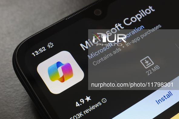 The Microsoft Copilot app logo appears on the screen of a smartphone in Reno, United States, on November 21, 2024. 