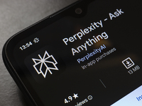 The Perplexity AI app logo appears on the screen of a smartphone in Reno, United States, on November 21, 2024. (