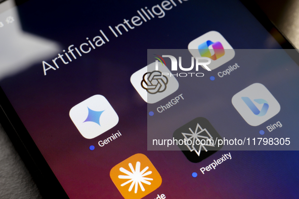 The logos of Google Gemini, ChatGPT, Microsoft Copilot, Claude by Anthropic, Perplexity, and Bing apps are displayed on the screen of a smar...