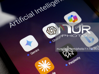 The logos of Google Gemini, ChatGPT, Microsoft Copilot, Claude by Anthropic, Perplexity, and Bing apps are displayed on the screen of a smar...