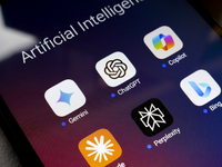 The logos of Google Gemini, ChatGPT, Microsoft Copilot, Claude by Anthropic, Perplexity, and Bing apps are displayed on the screen of a smar...