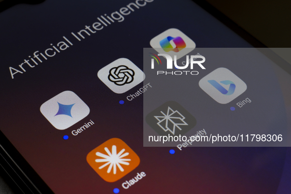 The logos of Google Gemini, ChatGPT, Microsoft Copilot, Claude by Anthropic, Perplexity, and Bing apps are displayed on the screen of a smar...