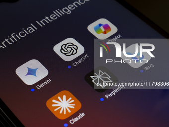 The logos of Google Gemini, ChatGPT, Microsoft Copilot, Claude by Anthropic, Perplexity, and Bing apps are displayed on the screen of a smar...