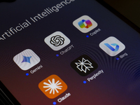 The logos of Google Gemini, ChatGPT, Microsoft Copilot, Claude by Anthropic, Perplexity, and Bing apps are displayed on the screen of a smar...