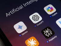 The logos of Google Gemini, ChatGPT, Microsoft Copilot, Claude by Anthropic, Perplexity, and Bing apps are displayed on the screen of a smar...