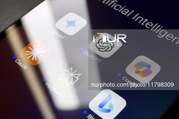 The logos of Google Gemini, ChatGPT, Microsoft Copilot, Claude by Anthropic, Perplexity, and Bing apps are displayed on the screen of a smar...