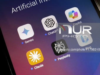 The logos of Google Gemini, ChatGPT, Microsoft Copilot, Claude by Anthropic, Perplexity, and Bing apps are displayed on the screen of a smar...