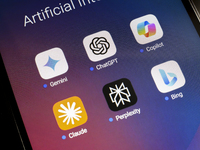 The logos of Google Gemini, ChatGPT, Microsoft Copilot, Claude by Anthropic, Perplexity, and Bing apps are displayed on the screen of a smar...