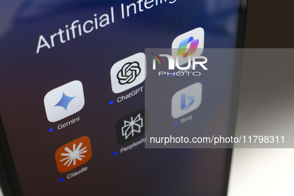 The logos of Google Gemini, ChatGPT, Microsoft Copilot, Claude by Anthropic, Perplexity, and Bing apps are displayed on the screen of a smar...