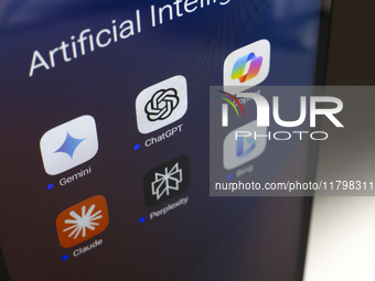 The logos of Google Gemini, ChatGPT, Microsoft Copilot, Claude by Anthropic, Perplexity, and Bing apps are displayed on the screen of a smar...