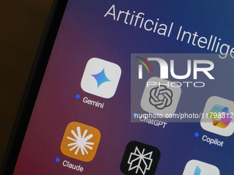 The logos of Google Gemini, ChatGPT, Microsoft Copilot, Claude by Anthropic, Perplexity, and Bing apps are displayed on the screen of a smar...
