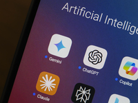 The logos of Google Gemini, ChatGPT, Microsoft Copilot, Claude by Anthropic, Perplexity, and Bing apps are displayed on the screen of a smar...