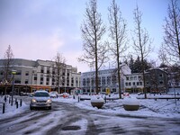 A car drives along one of the main streets in Akureyri, Iceland, on November 20, 2024. (