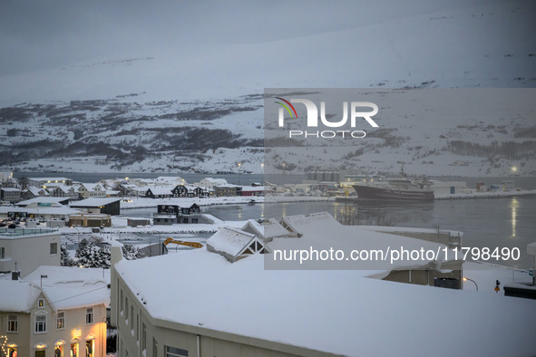 Panoramic view of the harbor around the city of Akureyri in Iceland on November 20, 2024. 