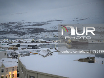 Panoramic view of the harbor around the city of Akureyri in Iceland on November 20, 2024. (