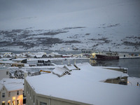 Panoramic view of the harbor around the city of Akureyri in Iceland on November 20, 2024. (