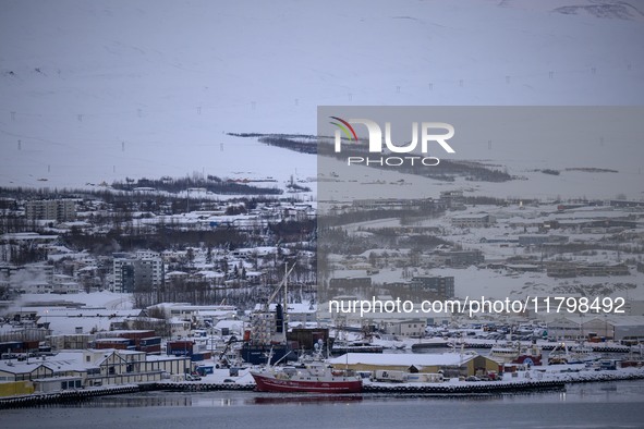 A panoramic view of the city of Akureyri, Iceland, is seen from one of the viewpoints near the town on November 20, 2024. 