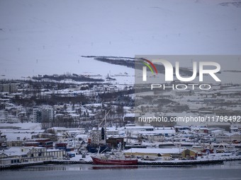 A panoramic view of the city of Akureyri, Iceland, is seen from one of the viewpoints near the town on November 20, 2024. (