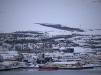 A panoramic view of the city of Akureyri, Iceland, is seen from one of the viewpoints near the town on November 20, 2024. (