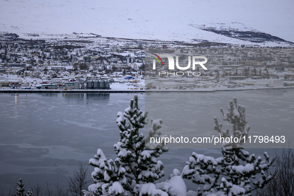 A panoramic view of the city of Akureyri, Iceland, is seen from one of the viewpoints near the town on November 20, 2024. 