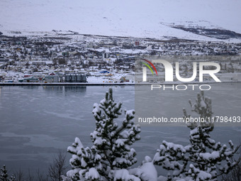 A panoramic view of the city of Akureyri, Iceland, is seen from one of the viewpoints near the town on November 20, 2024. (