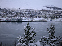 A panoramic view of the city of Akureyri, Iceland, is seen from one of the viewpoints near the town on November 20, 2024. (