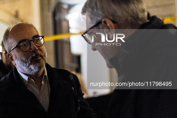 Maurizio Landini, general secretary of the CGIL, stands with Christian Raimo during the demonstration for ''Freedom to express oneself, demo...