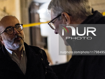 Maurizio Landini, general secretary of the CGIL, stands with Christian Raimo during the demonstration for ''Freedom to express oneself, demo...