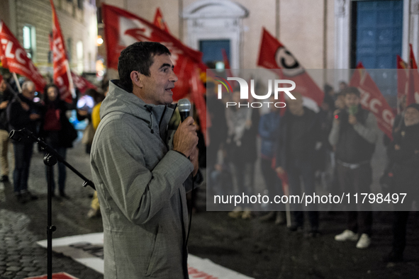 In Rome, Italy, on November 21, 2024, Nicola Fratoianni, deputy, secretary, and leader of Sinistra Italiana and Alleanza Verdi, participates...