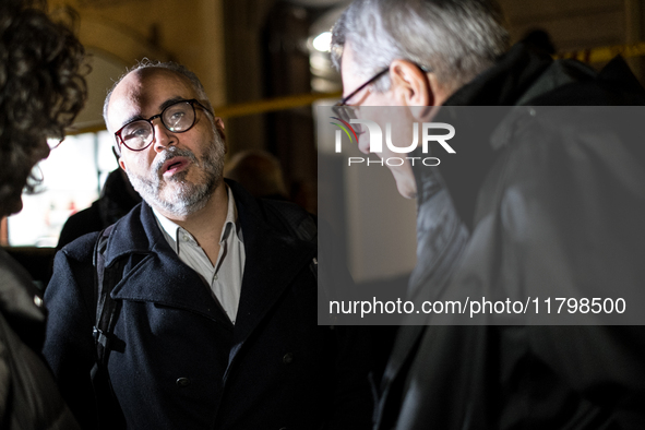 Maurizio Landini, general secretary of the CGIL, stands with Christian Raimo during the demonstration for ''Freedom to express oneself, demo...