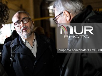 Maurizio Landini, general secretary of the CGIL, stands with Christian Raimo during the demonstration for ''Freedom to express oneself, demo...