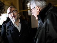 Maurizio Landini, general secretary of the CGIL, stands with Christian Raimo during the demonstration for ''Freedom to express oneself, demo...