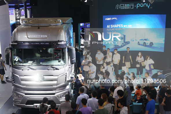 Artificial intelligence company PONY.AI demonstrates its technology for driverless smart trucks at WAIC in Shanghai, China, on July 7, 2021....