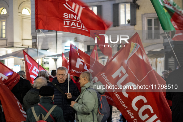 A demonstration for ''Freedom to express oneself, demonstrate, think and criticize'' takes place as a pre-residio of the Flc Cgil in Piazza...