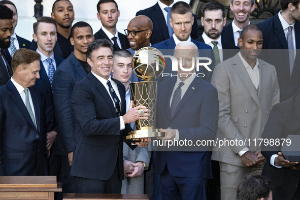 President Joe Biden welcomes the 2024 National Basketball Association champions, the Boston Celtics, to the White House in Washington, D.C.,...