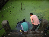 Relatives perform rituals in a polluted pond for a dead body before cremation in a furnace inside a crematorium in the Baruipur Panchayat ar...