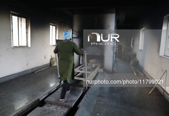 Tumpa Das, age 29, prepares a dead body for cremation in a furnace inside a crematorium in the Baruipur Panchayat area in South 24-Pargana d...