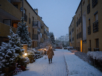 A woman walks a dog in the early morning in Warsaw, Poland on 22 November, 2024. It is the first time in recent years significant snow has f...