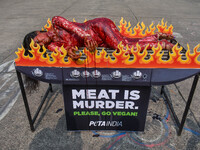 Activists of People for the Ethical Treatment of Animals (PETA) are seen drenched in fake blood and sleep on a figurative oven as they stage...