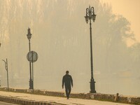 A man walks on the banks of Dal Lake amid fog in Srinagar, Jammu and Kashmir, on November 22, 2024. (