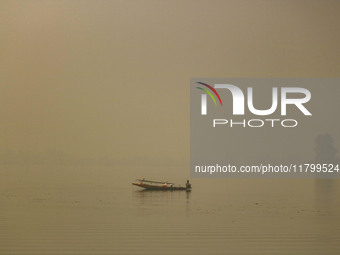 A man rows his boat in the waters of Dal Lake amid fog in Srinagar, Jammu and Kashmir, on November 22, 2024. (