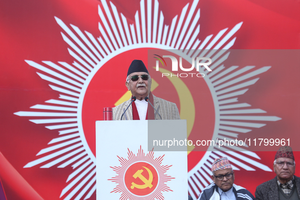 Nepal Prime Minister and chairman of CPN-UML (Communist Party of Nepal- Unified Marxist Leninist) KP Sharma Oli addresses a mass gathering i...