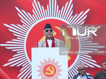 Nepal Prime Minister and chairman of CPN-UML (Communist Party of Nepal- Unified Marxist Leninist) KP Sharma Oli addresses a mass gathering i...