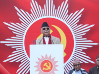 Nepal Prime Minister and chairman of CPN-UML (Communist Party of Nepal- Unified Marxist Leninist) KP Sharma Oli addresses a mass gathering i...